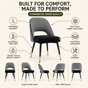 <span class=keywords><strong>Chaise</strong></span> de <span class=keywords><strong>salle</strong></span> à <span class=keywords><strong>manger</strong></span> rembourrée moderne DM avec dossier ouvert arqué, coussin épais, pieds en métal <span class=keywords><strong>noir</strong></span> et embouts dorés - Product Image 3