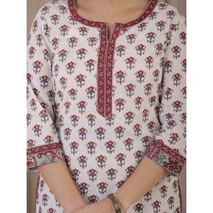 Casual White Red Hand Block Printed Cotton Kurta Pant Set - Product Image 2