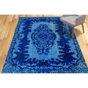 Alfombra Turca con Medallón Azul: Alfombra Geométrica Fácil de Limpiar, Alfombra Estampada, Alfombra de Chenilla - Product Image 3