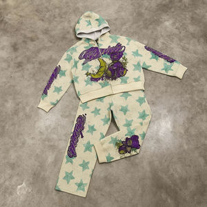 Ensemble de survêtement pour homme avec logo personnalisé, impression numérique hip-hop, délavage acide, strass, double couche, sweat-shirt à capuche court et pantalon de survêtement - Product Image 3