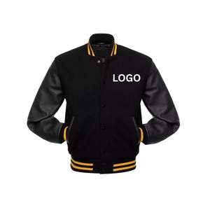 Logotipo personalizado de los hombres Letterman Varsity chaqueta bordado Stand Collar recubierto mangas de cuero de invierno negro College Baseball Front - Product Image 6