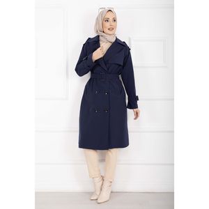 Abrigo de Gabardina Azul Marino Premium para Mujer Allerli, Cierre Cruzado, Cinturón Desmontable para Otoño - Product Image 1