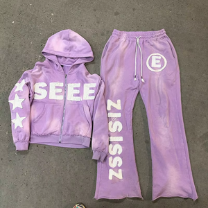 Ensemble sweat-shirt et pantalon de survêtement unisexe en coton 100% délavé à l'acide, broderie usée, patch personnalisable, pantalon évasé, survêtement - Product Image 6