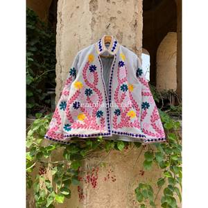 Unisex Short <b>Coat</b> with Designer Cotton Jute Fabric Jacket Uzbek Embroidery Suzani Women's <b>Coat</b> for Autumn - Product Image 1