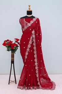 ชุดผ้าส่าหรีเนื้อนิ่มสุดพิเศษสำหรับผู้หญิงเสื้อผ้าบูติกอินเดียสีแดงชุดใส่ไปงานแต่งสุดหรู - Product Image 5