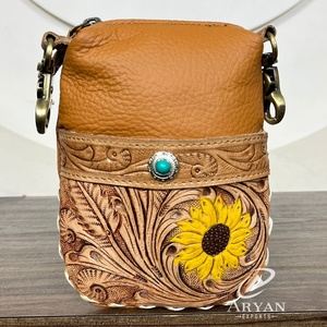 2025 Women Designer Wholesale Custom Hand Tooled Cow Leather Waist <b>Bag</b> with Floral & Turquoise Concho Western Style Mobile <b>Bag</b> - Product Image 1