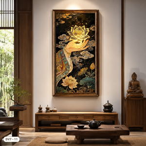 Peinture à l'huile de lotus artisanale de luxe, art mural floral noir et or, décoration artistique avec cadre en bois, décoration intérieure, fabriqué au Vietnam - Product Image 2