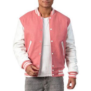 Blouson universitaire pour homme en laine avec manches en cuir, fermeture éclair, patchwork écologique, style bomber, mode pastel - Product Image 3
