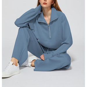 Conjunto de salón de 2 piezas de algodón para mujer, sudadera de media cremallera de gran tamaño 2025, conjunto de pantalón de chándal de pierna ancha, chándal - Product Image 6