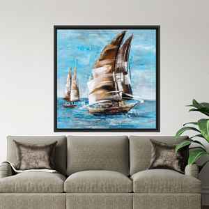 Impression sur toile de voilier en mer : art nautique, plage, océan, encadré noir - Product Image 1
