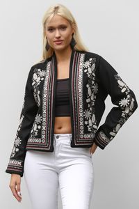 "Zwart Geborduurd Jack Met Open Voorkant-Elegant Bohemien Damesvest"