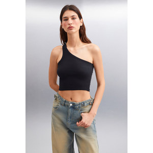 Chemise asymétrique à manches courtes en tissu côtelé extensible ORGANIK PAMUKLU pour femmes ETHIQUET DIVINA - Product Image 6