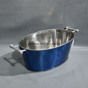 Refroidisseur de boisson de luxe en acier inoxydable deux tons avec accent bleu et poignées en métal poli idéal pour refroidir le vin pour les événements - Product Image 4