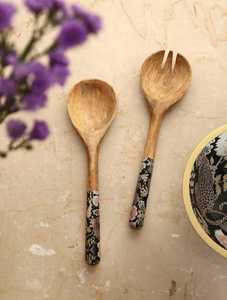 WOOD SERVING <b>SPOON</b> WITH BLUE RESIN COATED HANDLE SET - Product Image 4