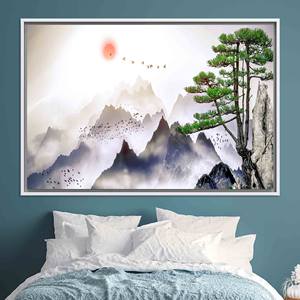 Serenidad con vistas a la montaña: cuadro impreso en lienzo, decoración minimalista japonesa, lienzo con marco blanco - Product Image 1