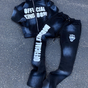 Baggy jogging personnalisé pour hommes Dtg impression passepoil survêtement Y2K rue rétro lettre impression à capuche pantalon de survêtement ensemble deux pièces - Product Image 2