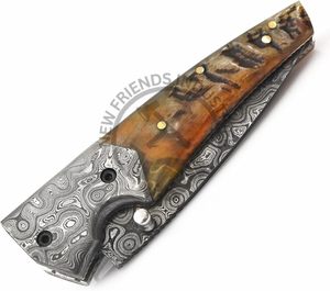 มีดพับเหล็กดามัสกัสทำด้วยมือพร้อมที่จับเขาแกะมีดกระเป๋าล็อคด้านในสำหรับตั้งแคมป์ของขวัญผู้ชายสามารถปรับแต่งได้ - Product Image 6