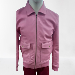Light Weight Pink Leather <b>Jacket</b> Durable Casual Plain Windproof Pure Leather <b>Jacket</b> With Two Front Pockets. - Product Image 1