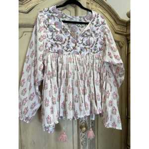 Top Estilo Bohemio Nostalgic Meadow, Transpirable, de Lino, para Mujer, con Estampado Floral, Encaje Bordado y Decoración de Lentejuelas, Talla Única - Product Image 1