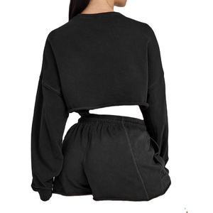 Sweat-shirt à manches longues pour femmes 100% coton col rond court pull de sport avec doublure - Product Image 6