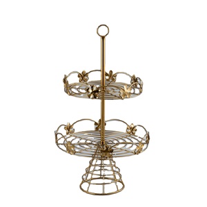 Bandejas de exhibición de alambre chapado en oro Soporte de pastel de metal con pedestal de base antideslizante Soporte de pastel de metal y madera a la venta - Product Image 1