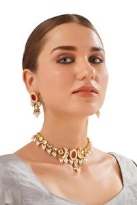 Ensemble de bijoux de mariée en laiton plaqué or de style ethnique Polki avec zircon, collier décoratif, boucles d'oreilles, pour les fêtes de mariage et les occasions festives - Product Image 2