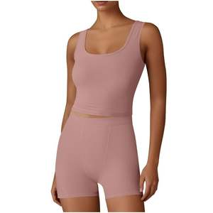 Ensembles d'entraînement pour femmes assortis 2 pièces sans couture côtelé soutien-gorge de sport débardeur et short taille haute Yoga Gym - Product Image 5