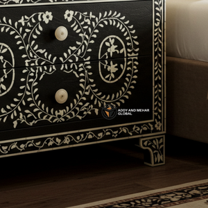 Mesita de noche floral con incrustaciones de hueso negro artesanal, muebles decorativos de dormitorio de lujo - Product Image 5