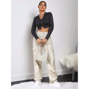 Jean cargo multipoches en denim crème pour femme, taille haute, extensible, durable, style streetwear, tailles 26 à 40 - Product Image 5