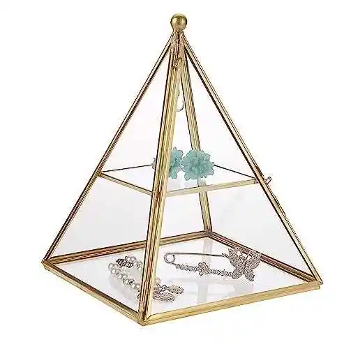 2-Tier Glass Pyramid Jewelry Stand Holder Geometric Ring Jewelry Display Organizer Case Decorative Tower box for Storage Trinket