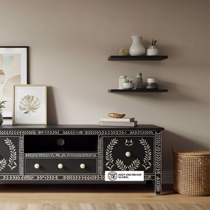 Meuble TV en incrustation d'os noir et blanc, motif floral, unité multimédia artisanale - Product Image 2