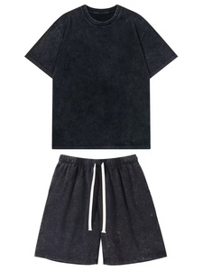T-shirt uni personnalisé pour homme, délavé, à manches courtes, col rond blanc vintage, ensemble short et t-shirt pour homme, tenue d'été - Product Image 1