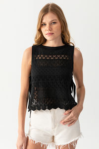 Openwork Sweater Poncho Black - Product Image 2