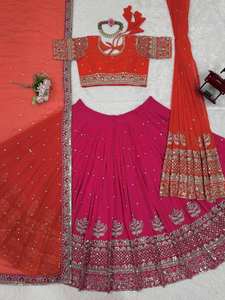Conjunto de Lehenga Choli bordado tradicional Royal Rani, ropa de novia naranja y rosa para fiestas, temporadas de verano e invierno - Product Image 5