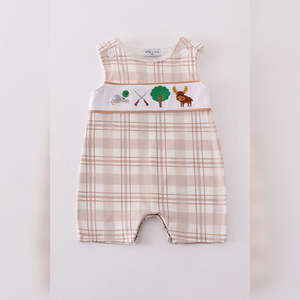 Vêtements pour enfants Honeydew, salopette bébé garçon en kaki avec broderie « Go Hunting », personnalisable, en spandex/coton, lavable, tenue pour bébé, taille US - Product Image 1