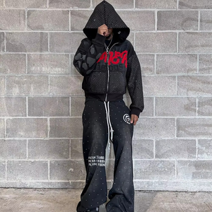 Custom Logo <b>Distress</b> Embroidery Tracksuit Men <b>Top</b> Trendy Product Heavyweight 500 GSM Rhinestone Zipper Tracksuits for Men's - Product Image 1