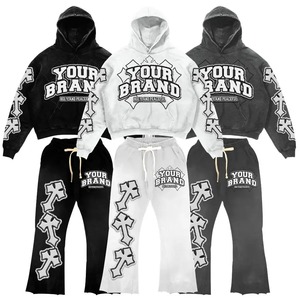 Logo personnalisé délavé à l'acide 100% coton pulls à capuche et pantalons évasés pour hommes ensemble de survêtements d'été décontractés 2 pièces pour hommes - Product Image 6
