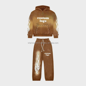 Combinaison évasée unisexe avec logo imprimé personnalisé Vêtements de rue Lavage à l'acide Rines Stone Pocket Sleeves Metal Studs Best Sun Fade Sweatsuit - Product Image 6