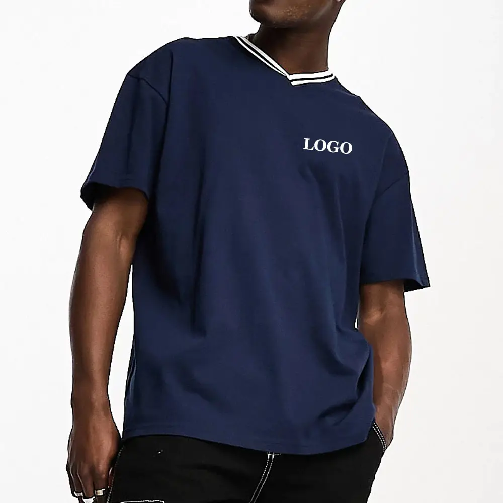Latest Summer Design Neck Stripes Men Loose Fit Tshirt / Wholesale Price Custom Logo Drop Shoulder Tshirt