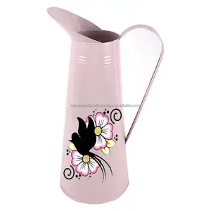 Pitcher Decorated With Flowers On The Front Metal Pitcher Vintage Handcrafted Kitchen and tabletop Decor Metal Handle Drinking