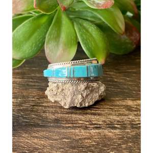 Navajo Handmade Kingman <b>Turquoise</b> Sterling Silver Inlay Statement <b>Ring</b> Size 11 - Product Image 1
