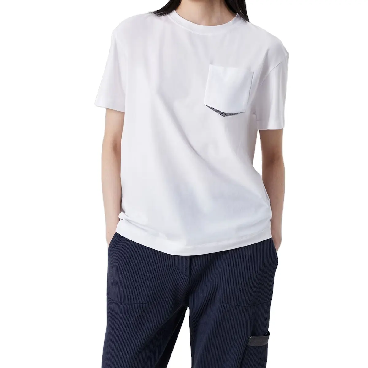 Stretch Cotton Jersey T-shirt With Shiny Shadow Pocket Casual T-shirt Fashion Lady Streetwear Wholesale Price