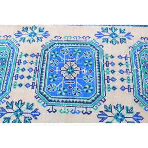 Alfombra Turca de 2.9x11.5 pies, Alfombra Vintage, Alfombra de Lana Azul con Diseño de Patchwork - Product Image 5