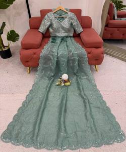 TENDENCIA GOLD CRUSH SECUENCIA TRABAJO SAREE CON BLUSA DESCOSADA DESPIECE DE FIESTA PRECIO AL POR MAYOR ROPA ÉTNICA SKY - Product Image 2