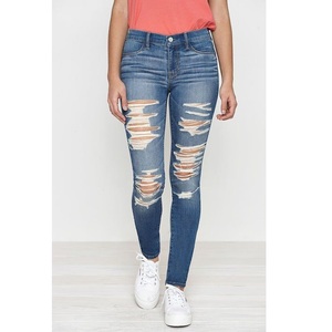 Pantalones vaqueros azules rasgados informales de la mejor calidad, pantalones vaqueros ajustados largos ajustados con botones elásticos para mujer, exportación desde BD - Product Image 5