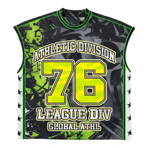 เสื้อยืดผู้ชายผ้าฝ้าย 100% ทรงหลวม พิมพ์ลาย เสื้อยืดแขนกุดผ้าโพลีเอสเตอร์ตาข่ายสีเขียวดำลายดาวแบบกำหนดเอง - Product Image 1