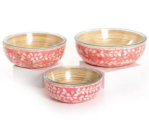 Incrustation en bois et nacre de mangue, émail coloré en bois imprimé à l'intérieur du bol à salade, service fabriqué en inde - Product Image 1