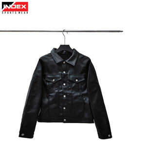 Chaqueta de Motociclista de Cuero PU Negra para Hombre, Marca INDEX SPORTSWEAR, Cuello Camisero, Cierre de Botones, Corte Regular, para Otoño - Product Image 2