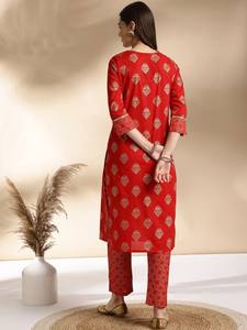 Mujeres étnicas motivos florales impresos puro algodón Kurta con pantalones indio pakistaní salwaar kameez traje - Product Image 4