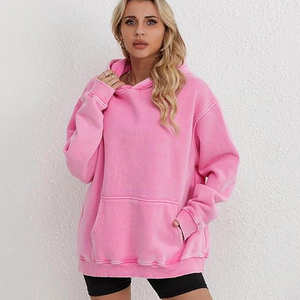 Lavado ácido Color Rosa Mujer Oversize Drop Shoulder EE. UU. Tamaño Invierno Algodón Fleece Mujer Sólido Térmico Canguro Bolsillo Sudadera con capucha - Product Image 2